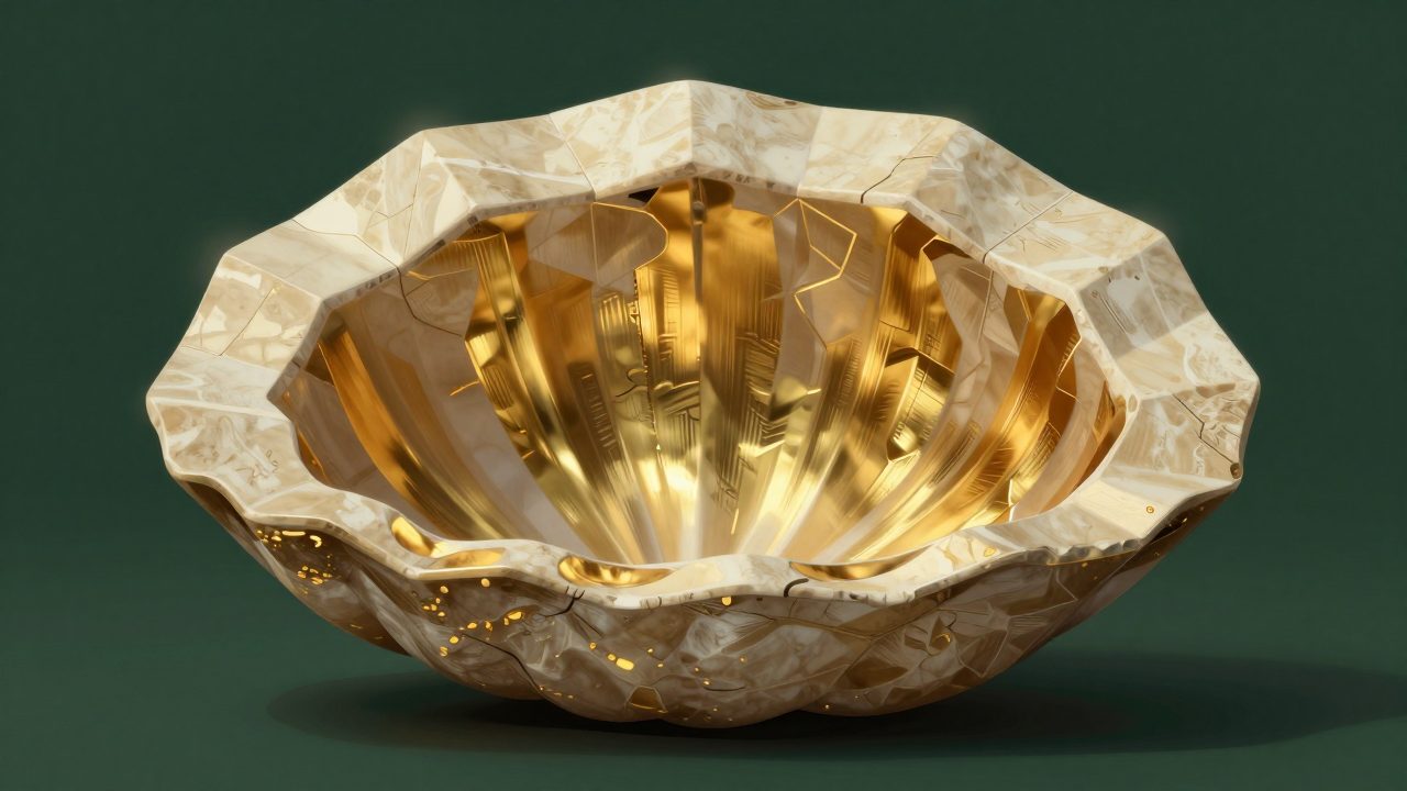 Abstract illustration of overlapping ivory stone panels enclosing a gold core with light along every seam, representing layered data protection