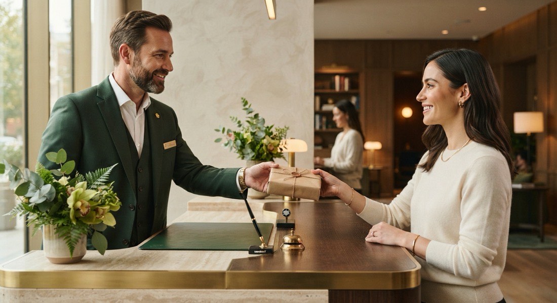 Concierge handing a parcel to a resident at a brass and travertine front desk