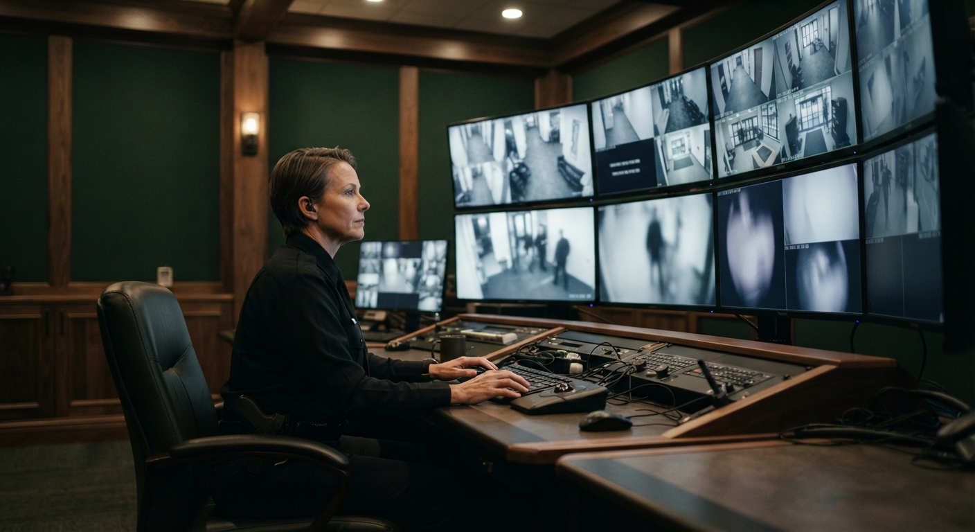 Security officer monitoring CCTV camera feeds in an elegant control room