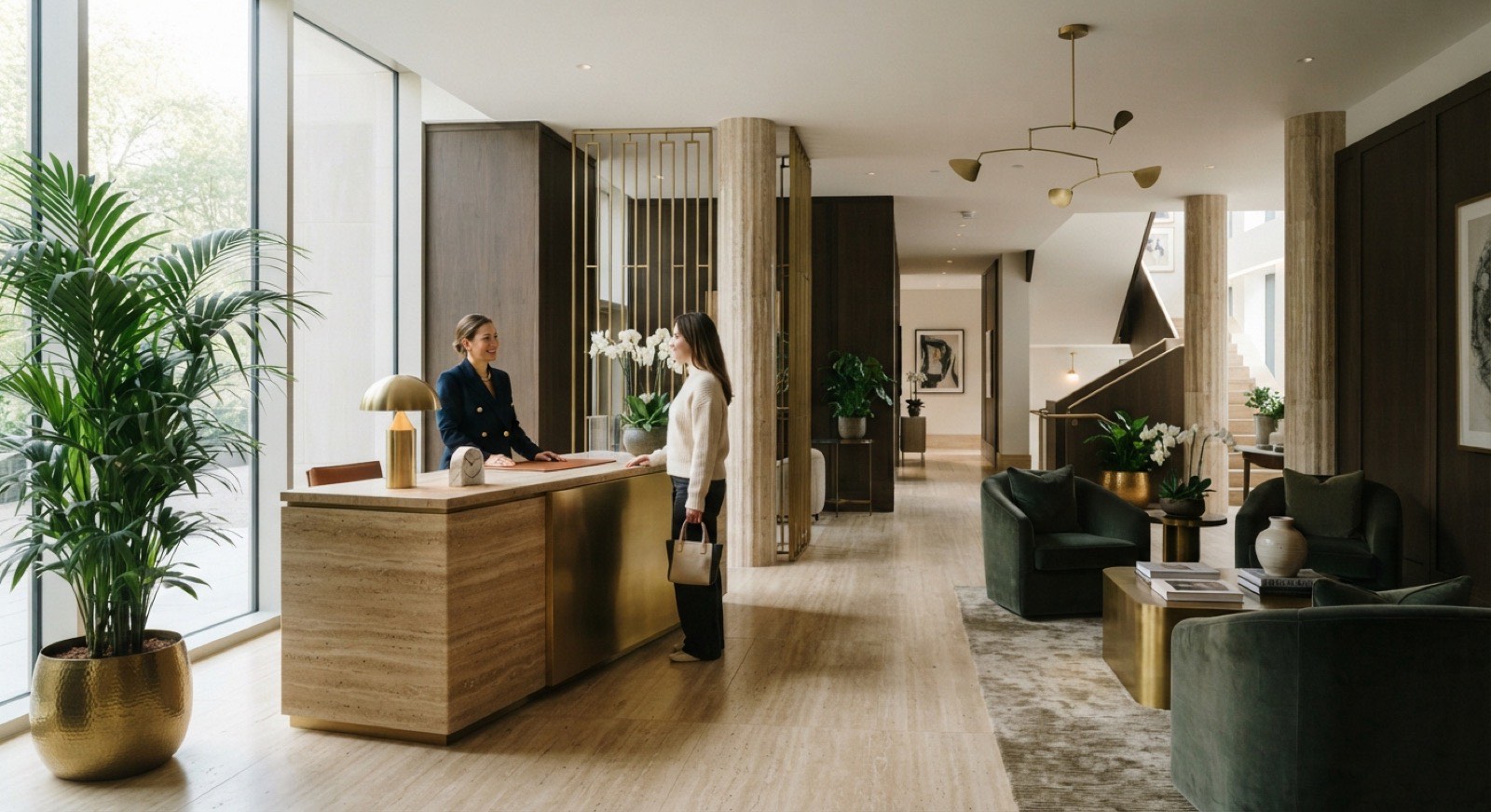 Sophisticated residential condominium lobby with a brass concierge desk, travertine and forest-green furnishings in soft daylight