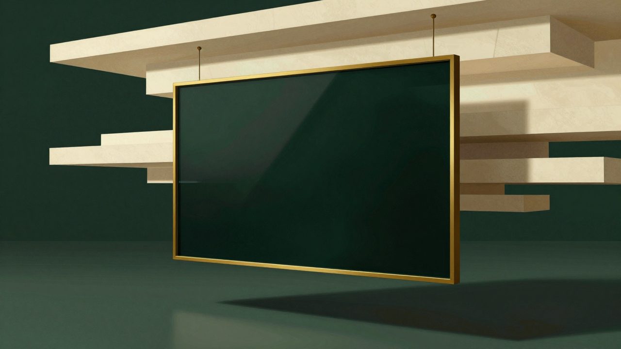 Abstract illustration of a dark glass panel with ivory planes layered behind it, representing twelve working parts on one board